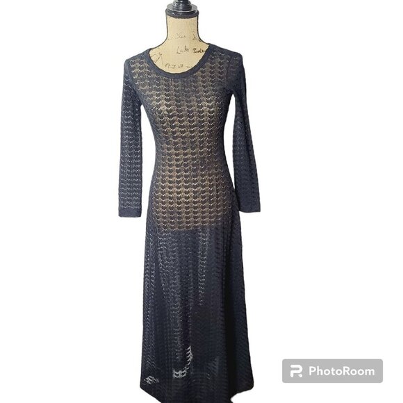 Vintage 1970s DVF Diane Von Furstenberg for RE-7 Black Crochet Sheer Dark Bohemi - Picture 2 of 16